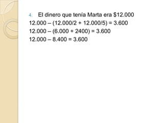 4. El dinero que tenía Marta era $12.000
12.000 – (12.000/2 + 12.000/5) = 3.600
12.000 – (6.000 + 2400) = 3.600
12.000 – 8.400 = 3.600
 
