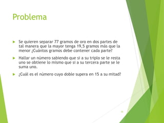 Problema
 Se quieren separar 77 gramos de oro en dos partes de
tal manera que la mayor tenga 19,5 gramos más que la
menor ¿Cuántos gramos debe contener cada parte?
 Hallar un número sabiendo que si a su triplo se le resta
uno se obtiene lo mismo que si a su tercera parte se le
suma uno.
 ¿Cuál es el número cuyo doble supera en 15 a su mitad?
33
 