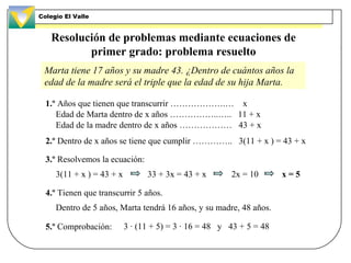 Resolución de problemas mediante ecuaciones de
primer grado: problema resuelto
1.º Años que tienen que transcurrir ………………....