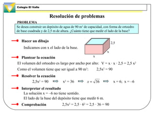 Resolución de problemas
PROBLEMA
Hacer un dibujo
Indicamos con x el lado de la base.
Se desea construir un depósito de agu...