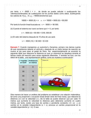 32
32
por tanto, v = -9000 t + n , de donde se puede calcular n sustituyendo los
valores(coordenadas) de cualesquiera de los puntos dados como datos. Sustituyendo
los valores de 2 2 2( 8 , 18000)P x y  tendremos que:
18000 = -9000 (8) + n  n = 18000 + 9000 (8) = 90,000
Por tanto la función lineal buscada es: v = - 9000 t + 90 000.
(b) Cuando el sistema era nuevo se tiene que t = 0, por tanto:
v = - 9000 (0) + 90 000 = $ 90, 000.00
(c) El valor del sistema después de 10 años de uso será:
v = - 9000 (10) + 90 000 = $ 0.00
Ejemplo 7. Cuando manejamos un automóvil y frenamos, primero nos damos cuenta
de que necesitamos detener el vehículo y después de un cierto tiempo de reacción se
mueve el pie para pisar el pedal de freno. Así, experimentalmente se encontró la
siguiente tabla que relaciona la distancia en que un automóvil se desplaza durante el
tiempo medio de reacción para varias rapideces diferentes. Y también se hizo, con los
datos de la tabla, una representación gráfica, como se muestra a continuación:
v =rapidez
en km/h
d=distancia
en metros
40 8
50 12
60 16
70 20
80 24
90 28
Otra manera de hacer un análisis del problema es establecer una relación matemática,
tal como una proporción o ecuación lineal (lineal viene de línea recta), que relacione la
distancia (d ) con la velocidad (v ). De la tabla se puede observar que por cada 10
metros que aumenta la velocidad la distancia para detenerse aumenta en cuatro
metros, por tanto, existe una tasa de cambio o pendiente constante ( m a ) y un
cambio en la variable independiente (x = v), provoca un cambio proporcional en la
variable dependiente (y = d). O sea:
 