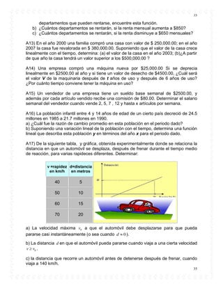 35
35
departamentos que pueden rentarse, encuentre esta función.
b) ¿Cuántos departamentos se rentarán, si la renta mensual aumenta a $850?
c) ¿Cuántos departamentos se rentarán, si la renta disminuye a $650 mensuales?
A13) En el año 2000 una familia compró una casa con valor de $ 250,000.00; en el año
2007 la casa fue revalorada en $ 380,000.00. Suponiendo que el valor de la casa crece
linealmente con el tiempo, determina: (a) el valor de la casa en el año 2003; (b)¿A partir
de que año la casa tendrá un valor superior a los $500,000.00 ?
A14) Una empresa compró una máquina nueva por $25,000.00 Si se deprecia
linealmente en $2500.00 al año y si tiene un valor de desecho de $4500.00, ¿Cuál será
el valor V de la maquinaria después de t años de uso y después de 6 años de uso?
¿Por cuánto tiempo conviene tener la máquina en uso?
A15) Un vendedor de una empresa tiene un sueldo base semanal de $2500.00, y
además por cada artículo vendido recibe una comisión de $80.00. Determinar el salario
semanal del vendedor cuando vende 2, 5, 7 , 12 y hasta x artículos por semana.
A16) La población infantil entre 4 y 14 años de edad de un cierto país decreció de 24.5
millones en 1985 a 21.7 millones en 1990.
a) ¿Cuál fue la razón de cambio promedio en esta población en el periodo dado?
b) Suponiendo una variación lineal de la población con el tiempo, determina una función
lineal que describa esta población y en términos del año x para el periodo dado.
A17) De la siguiente tabla, y gráfica, obtenida experimentalmente donde se relaciona la
distancia en que un automóvil se desplaza, después de frenar durante el tiempo medio
de reacción, para varias rapideces diferentes. Determinar:
v =rapidez
en km/h
d=distancia
en metros
40 5
50 10
60 15
70 20
a) La velocidad máxima 0v a que el automóvil debe desplazarse para que pueda
pararse casi instantáneamente (o sea cuando 0d  ).
b) La distancia d en que el automóvil pueda pararse cuando viaja a una cierta velocidad
0v v .
c) la distancia que recorre un automóvil antes de detenerse después de frenar, cuando
viaja a 140 km/h.
 