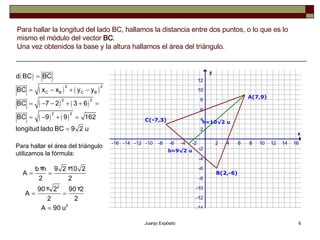 Para hallar la longitud del lado BC, hallamos la distancia entre dos puntos, o lo que es lo mismo el módulo del vector  BC . Una vez obtenidos la base y la altura hallamos el área del triángulo. Para hallar el área del triángulo utilizamos la fórmula: 