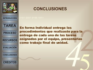 En forma Individual entrega los procedimientos que realizaste para la entrega de cada una de las tareas asignadas por el equipo, presentarlas como trabajo final de unidad. INTRODUCCIÓN TAREA PROCESO RECURSOS EVALUACIÓN CONCLUSIONES CRÉDITOS CONCLUSIONES 