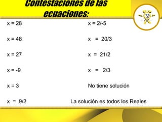 Contestaciones de las
ecuaciones:
x = 28 x = 2/-5
x = 48 x = 20/3
x = 27 x = 21/2
x = -9 x = 2/3
x = 3 No tiene solución
x = 9/2 La solución es todos los Reales
 