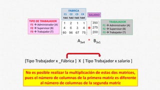 [Tipo Trabajador x _Fábrica ] X [ Tipo Trabajador x salario ]
No es posible realizar la multiplicación de estas dos matrices,
pues el número de columnas de la primera matriz es diferente
al número de columnas de la segunda matriz
TIPO DE TRABAJADOR
F1  Administrador (A)
F2  Supervisor (B)
F3  Trabajador (T)
FABRICA
C1 C2 C3 C4
Fab1 Fab2 Fab3 Fab4
TRABAJADOR
F1  Administrador (A)
F2  Supervisor (B)
F3  Trabajador (T)
*
A3x4 * B3x1
SALARIO
 