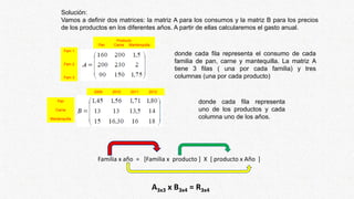 Familia x año = [Familia x producto ] X [ producto x Año ]
A3x3 x B3x4 = R3x4
Solución:
Vamos a definir dos matrices: la matriz A para los consumos y la matriz B para los precios
de los productos en los diferentes años. A partir de ellas calcularemos el gasto anual.
donde cada fila representa el consumo de cada
familia de pan, carne y mantequilla. La matriz A
tiene 3 filas ( una por cada familia) y tres
columnas (una por cada producto)
donde cada fila representa
uno de los productos y cada
columna uno de los años.
Producto
Pan Carne Mantenquilla
Fam 1
Fam 2
Fam 3
2009 2010 2011 2012
Pan
Carne
Mantenquilla
 