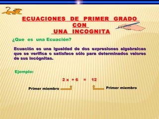 ECUACIONES  DE  PRIMER  GRADO  CON  UNA  INCOGNITA ¿Que  es  una Ecuación? Ecuación es una igualdad de dos expresiones algebraicas que se verifica o satisface sólo para determinados valores de sus incógnitas. Ejemplo: 2 x  + 6  =  12 Primer miembro  Primer miembro 