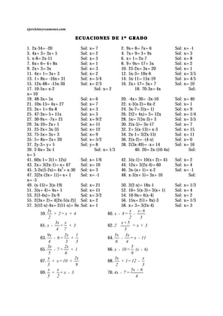 ejerciciosyexamenes.com

                          ECUACIONES DE 1º GRADO

1. 2x-34=-20                  Sol:   x=7            2. 9x+8=7x+6               Sol: x=-1
3. 4x+3=3x+5                  Sol:   x=2            4. 7x+9=3+9x               Sol: x=3
5. x-8=2x-11                  Sol:   x=3            6. x+1=2x-7                Sol: x=8
7. 6x+6=4+8x                  Sol:   x=1            8. 9+9x=17+5x              Sol: x=2
9. 2x+3=3x                    Sol:   x=3            10. 25-2x=3x+20            Sol: x=1
11. 4x+1=3x+3                 Sol:   x=2            12. 5x-3=10x-6             Sol: x=3/5
13. 1+8x=-16x+31              Sol:   x=5/4          14. 5x-11=15x-19           Sol: x=4/5
15. 12x-48=-15x-30            Sol:   x=2/3          16. 2x+17=3x+7             Sol: x=10
17. 10-5x=x-2                          Sol: x=2            18. 70-3x=4x               Sol:
x=10
19. 48-3x=5x                  Sol:   x=6            20. -4x+30=-3x-10          Sol:   x=40
21. 10x-15=4x+27              Sol:   x=7            22. x-3(x-2)=6x-2          Sol:   x=1
23. 3x+1=6x-8                 Sol:   x=3            24. 3x-7=2(x+1)            Sol:   x=9
25. 47-3x=5+11x               Sol:   x=3            26. 2(2+4x)=3+12x          Sol:   x=1/4
27. 30-9x=-7x+21              Sol:   x=9/2          28. 5x=7(5x-3)+3           Sol:   x=3/5
29. 3x-10=2x+1                Sol:   x=11           30. 2(x-5)=3x-17           Sol:   x=7
31. 25-2x=3x-35               Sol:   x=12           32. 2+5(x-13)=x-3          Sol:   x=15
33. 75-5x=3x+3                Sol:   x=9            34. 2x-1=3(2x-15)          Sol:   x=11
35. 5+8x=2x+20                Sol:   x=5/2          36. 2(x-2)=-(4-x)          Sol:   x=0
37. 2y-3=y+5                  Sol:   y=8            38. 2(3x-49)=-x+14         Sol:   x=16
39. 2-6x=3x-1                          Sol: x=1/3          40. 20=2x-(10-4x)            Sol:
x=5
41. 60x-1=3(1+12x)            Sol: x=1/6            42.   5(x-1)+10(x+2)=45    Sol: x=2
43. 2x+3(2x-1)=x+67           Sol: x=10             44.   12x+3(2x-4)=60       Sol: x=4
45. 3-2x(5-2x)=4x2+x-30       Sol: x=3              46.   3x-(x+1)=x-2         Sol: x=-1
47. 3[2x-(3x+1)]=x+1          Sol: x=-1             48.   x-3(x+5)=3x+10              Sol:
x=-5
49. (x-15)=3(x-19)            Sol:   x=21           50.   3(2-x)=18x-1         Sol:   x=1/3
51. 3(x+4)=4x+1               Sol:   x=11           52.   10+5(x-3)=3(x+1)     Sol:   x=4
53. 2(3-4x)=2x-9              Sol:   x=3/2          54.   10-9x=4(x-4)         Sol:   x=2
55. 2(3x+2)=4[2x-5(x-2)]      Sol:   x=2            56.   15x=2(1+9x)-3        Sol:   x=1/3
57. 3(12-x)-4x=2(11-x)+9x     Sol:   x=1            58.   x+3=3(2x-4)          Sol:   x=3
           3x                                             x x- 6
       59.     + 2= x + 4                    60. x - 8 = -
            2                                             2      3
                                             62. 2 
                3x x                                  x+5
       61. x -     = +3                                   = x + 3
                 4 7                                 3 
           9x       2x    1                      5x 3x
       63.     - 6=    +                     64.      -    = x - 11
            4        3    3                       6     4
           3x       2x                                     5
       65.     - 7=    +1                    66. x - 10 = (x - 6)
            5       6                                      9
           x             2x                      3x                x
       67. + x = 10 +                        68.      + 1 = 12 -
           3              9                       2               3
           x     x                                         5x - 6
       69. + = x - 3                         70. 4x - 7 =
           5     2                                            4
 