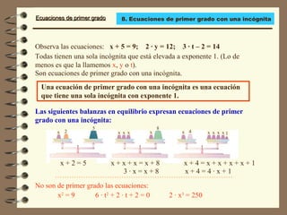 Ecuaciones de primer gradoEcuaciones de primer grado
Observa las ecuaciones: x + 5 = 9; 2 · y = 12; 3 · t – 2 = 14
Todas tienen una sola incógnita que está elevada a exponente 1. (Lo de
menos es que la llamemos x, y o t).
Son ecuaciones de primer grado con una incógnita.
Las siguientes balanzas en equilibrio expresan ecuaciones de primer
grado con una incógnita:
Una ecuación de primer grado con una incógnita es una ecuación
que tiene una sola incógnita con exponente 1.
x x x x x x x x x2
5
x
8
4 1
x + 2 = 5 x + x + x = x + 8 x + 4 = x + x + x + x + 1
3 · x = x + 8 x + 4 = 4 · x + 1
No son de primer grado las ecuaciones:
x2
= 9 6 · t2
+ 2 · t + 2 = 0 2 · x3
= 250
8. Ecuaciones de primer grado con una incógnita
 