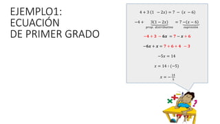 4 + 3 1 − 2𝑥 = 7 − 𝑥 − 6
−4 + 3 1 − 2𝑥
𝑝𝑟𝑜𝑝. 𝑑𝑖𝑠𝑡𝑟𝑖𝑏𝑢𝑡𝑖𝑣𝑎
= 7 − 𝑥 − 6
𝑠𝑢𝑝𝑟𝑒𝑠𝑖ó𝑛
−𝟒 + 𝟑 − 𝟔𝒙 = 𝟕 − 𝒙 + 𝟔
−𝟔𝒙 + 𝒙 = 𝟕 + 𝟔 + 𝟒 − 𝟑
−5𝑥 = 14
𝑥 = 14 ∶ (−5)
𝑥 = −
14
5
EJEMPLO1:
ECUACIÓN
DE PRIMER GRADO
 