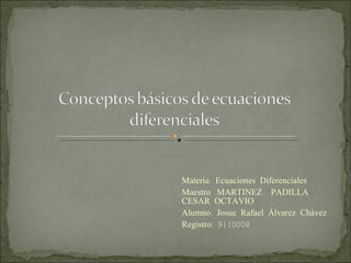Materia: Ecuaciones Diferenciales Maestro :MARTINEZ  PADILLA CESAR OCTAVIO Alumno: Josue Rafael Álvarez Chávez Registro: 9110008 