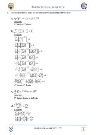                                                           Facultad de Ciencias de Ingeniería


I.   Indicar el orden de cada una de las siguientes ecuaciones diferenciales:


     a) (           )                        [            ( ) ]
          Solución:
          2do Orden; 2do Grado.


     b)         *(               )               +
          Solución:
                                         ⁄
                    {*           +           }

                                                 ⁄
                {        [(              )            ]}

                                                 ⁄
                {        (               )            *    (        )+}
                                                 ⁄
                {        (               )            (        )}

                                                 ⁄
                         {(              )            (        )}
                                                 ⁄
                {        (               )                     (        )}
                                                  ⁄
                {            (           )                 (        )            }

                                     ⁄
                (            )                    (        )        (        )

          4to Orden; 1er Grado.


                              (      ⁄ )
     c)      ∫                                              √
          Solución:
          1er Orden; Grado no definido.


            (                )
     d)
          Solución:

                    (                )

                ,        *                   +-




                                                               Análisis Matemático IV – “A”
                                                                                                1
 