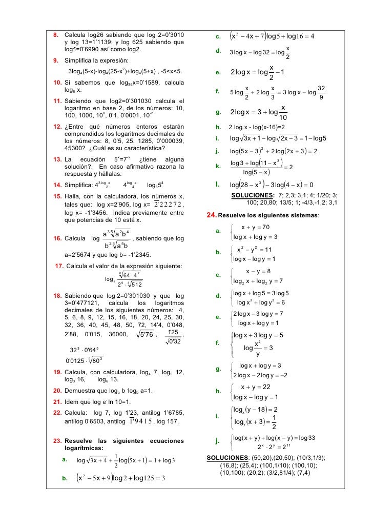 h) log20 25 Ecuaciones exponenciales logarítmicas 1ºbach.ccss y h) log20 25 Ecuaciones exponenciales logarítmicas 1ºbach.ccss y