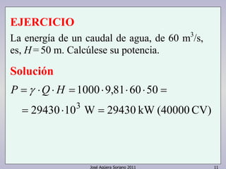 José Agüera Soriano 2011 11
EJERCICIO
La energía de un caudal de agua, de 60 m3
/s,
es, H= 50 m. Calcúlese su potencia.
Solución
CV)(40000kW29430W1029430
506081,91000
3
=⋅=
=⋅⋅⋅=⋅⋅= HQP γ
 