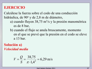 José Agüera Soriano 2011 27
EJERCICIO
Calcúlese la fuerza sobre el codo de una conducción
hidráulica, de 90o y de 2,8 m de diámetro,
a) cuando fluyen 38,75 m3/s y la presión manométrica
es de 8 bar,
b) cuando el flujo se anula bruscamente, momento
en el que se prevé que la presión en el codo se eleve
a 13 bar.
Solución a)
Velocidad media
m/s29,6
4,1
75,38
2
=
⋅
==
πS
Q
V
 