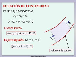 José Agüera Soriano 2011 4
ECUACIÓN DE CONTINUIDAD
En un flujo permanente,
volumen de control
V2
1
2
V1
mmm &&& == 21
QQQ ⋅=⋅=⋅ ρρρ 2211
222111 SVSVm ⋅⋅=⋅⋅= ρρ&
)( 21 ρρρ ==
2211 SVSVQ ⋅=⋅=
a) para gases,
b) para líquidos
 