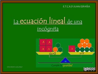 E.T.C.R.D JUAN ESPAÑA 
La ecuación lineal de una 
incógnita 
Cumple la igualdad 
EDUARDO LIZCANO 
 