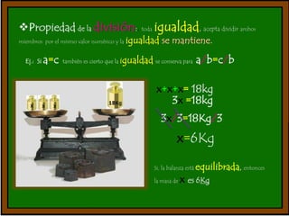 Propiedad de la división:. toda igualdad, acepta dividir ambos 
miembros por el mismo valor numérico y la igualdad se mantiene. 
Ej.: Si a=c también es cierto que la igualdad se conserva para a/b=c/b 
x+x+x= 18kg 
3x =18kg 
3x/3=18Kg/3 
x=6Kg 
Si, la balanza está equilibrada, entonces 
la masa de x es 6Kg 
