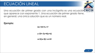ECUACIÓN LINEAL
Una ecuación de primer grado con una incógnita es una ecuación
que aparece con exponente 1. Una ecuación de primer grado tiene,
en general, una única solución que es un número real.
3
Ejemplo:
2x+18=7x-17
y-32=-2y+4(y+6)
w+2(w-8)=-w+41
 