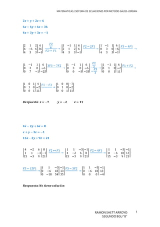 RAMON SHETT ARROYO
SEGUNDO BGU “B”
MATEMATICAS/ SISTEMA DE ECUACIONES POR METODO GAUSS-JORDAN
1
𝟐𝒙 + 𝒚 + 𝟐𝒛 = 𝟔
𝟔𝒙 − 𝟔𝒚 + 𝟔𝒛 = 𝟑𝟔
𝟒𝒙 + 𝟑𝒚 + 𝟑𝒛 = −𝟏
|
2 1 2
6 −6 6
4 3 3
|
6
36
−1
|
𝐹2
6
𝐹2 ↔ 𝐹1
→ |
1 −1 1
2 1 2
4 3 3
|
6
6
−1
|
𝐹2 − 2𝐹1
→ |
1 −1 1
0 3 0
4 3 3
|
6
−6
−1
|
𝐹3 − 4𝐹1
→
|
1 −1 1
0 3 0
0 7 −1
|
6
−6
−25
|
3𝐹3 − 7𝐹2
→ |
1 −1 1
0 3 0
0 0 −3
|
6
−6
−33
|
𝐹2
3
−
𝐹3
3
→ |
1 −1 1
0 1 0
0 0 1
|
6
−2
11
|
𝐹1 + 𝐹2
→
|
1 0 1
0 1 0
0 0 1
|
4
−2
11
|
𝐹1 − 𝐹3
→ |
1 0 0
0 1 0
0 0 1
|
−7
−2
11
|
𝑹𝒆𝒔𝒑𝒖𝒆𝒔𝒕𝒂: 𝒙 = −𝟕 𝒚 = −𝟐 𝒛 = 𝟏𝟏
𝟒𝒙 − 𝟐𝒚 + 𝟔𝒛 = 𝟖
𝒙 + 𝒚 − 𝟑𝒛 = −𝟏
𝟏𝟓𝒙 − 𝟑𝒚 + 𝟗𝒛 = 𝟐𝟏
|
4 −2 6
1 1 −3
15 −3 9
|
8
−1
21
|
𝐹2 ↔ 𝐹1
→ |
1 1 −3
4 −2 6
15 −3 9
|
−1
8
21
|
𝐹2 − 4𝐹1
→ |
1 1 −3
0 −6 18
15 −3 9
|
−1
13
21
|
𝐹3 − 15𝐹1
→ |
1 1 −3
0 −6 18
0 −18 54
|
−1
13
35
|
𝐹3 − 3𝐹2
→ |
1 1 −3
0 −6 18
0 0 0
|
−1
13
−4
|
𝑹𝒆𝒔𝒑𝒖𝒆𝒔𝒕𝒂:𝑵𝒐 𝒕𝒊𝒆𝒏𝒆 𝒔𝒐𝒍𝒖𝒄𝒊ó𝒏
 