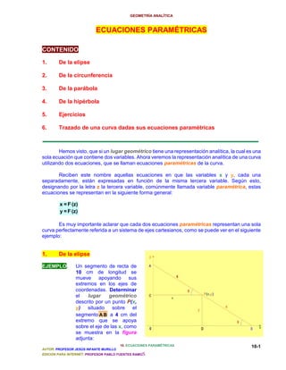 GEOMETRÍA ANALÍTICA 
10. ECUACIONES PARAMÉTRICAS 
AUTOR: PROFESOR JESÚS INFANTE MURILLO 
EDICIÓN PARA INTERNET: PROFESOR PABLO FUENTES RAMOS 
10-1 
ECUACIONES PARAMÉTRICAS 
CONTENIDO 
1. De la elipse 
2. De la circunferencia 
3. De la parábola 
4. De la hipérbola 
5. Ejercicios 
6. Trazado de una curva dadas sus ecuaciones paramétricas 
Hemos visto, que si un lugar geométrico tiene una representación analítica, la cual es una 
sola ecuación que contiene dos variables. Ahora veremos la representación analítica de una curva 
utilizando dos ecuaciones, que se llaman ecuaciones paramétricas de la curva. 
Reciben este nombre aquellas ecuaciones en que las variables x y y, cada una 
separadamente, están expresadas en función de la misma tercera variable. Según esto, 
designando por la letra z la tercera variable, comúnmente llamada variable paramétrica, estas 
ecuaciones se representan en la siguiente forma general: 
x = F (z) 
y = F (z) 
Es muy importante aclarar que cada dos ecuaciones paramétricas representan una sola 
curva perfectamente referida a un sistema de ejes cartesianos, como se puede ver en el siguiente 
ejemplo: 
1. De la elipse 
EJEMPLO. Un segmento de recta de 
10 cm de longitud se 
mueve apoyando sus 
extremos en los ejes de 
coordenadas. Determinar 
el lugar geométrico 
descrito por un punto P(x, 
y) situado sobre el 
segmento A B a 4 cm del 
extremo que se apoya 
sobre el eje de las x, como 
se muestra en la figura 
adjunta: 
 