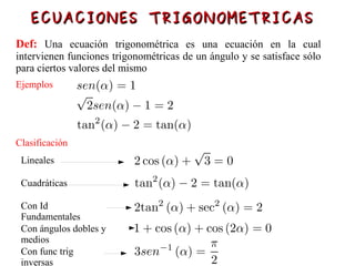 ECUACIONES TRIGONOMETRICASECUACIONES TRIGONOMETRICAS
Def: Una ecuación trigonométrica es una ecuación en la cual
intervienen funciones trigonométricas de un ángulo y se satisface sólo
para ciertos valores del mismo
Ejemplos
Clasificación
Lineales
Cuadráticas
Con Id
Fundamentales
Con ángulos dobles y
medios
Con func trig
inversas
 