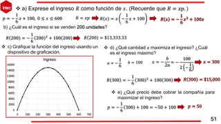 51
𝑅 𝑥 = 𝑥 −
1
6
𝑥 + 100
𝑝 = −
1
6
𝑥 + 100, 0 ≤ 𝑥 ≤ 600 𝑅 = 𝑥𝑝
 a) Exprese el ingreso 𝑅 como función de 𝑥. (Recuerde que 𝑅 = 𝑥𝑝. )
b) ¿Cuál es el ingreso si se venden 200 unidades?
𝑅 200 = −
1
6
200 2
+ 100 200 𝑅 200 = $13,333.33
 c) Grafique la función del ingreso usando un
dispositivo de graficación.
 d) ¿Qué cantidad 𝑥 maximiza el ingreso? ¿Cuál
es el ingreso máximo?
𝑥 = −
𝑏
2𝑎
𝑎 = −
1
6
𝑏 = 100 = −
100
2 −
1
6
𝑅 300 = −
1
6
300 2
+ 100 300
 e) ¿Qué precio debe cobrar la compañía para
maximizar el ingreso?
𝑝 = −
1
6
300 + 100 = −50 + 100
 