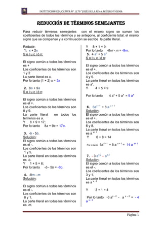 INSTITUCIÓN EDUCATIVA N° 1170 “JOSÉ DE LA RIVA AGÜERO Y OSMA



           REDUCCIÓN DE TÉRMINOS SEMEJANTES
Para reducir términos semejantes        con el mismo signo se suman los
coeficientes de todos los términos y se antepone, al coeficiente total, el mismo
signo que se comparten y a continuación se escribe la parte literal.

Reducir:                                      Y 8 + 1 = 9;
1. x + 2x                                     Por lo tanto -8m - m = -9m.
S o l u c i ó n:                              5. 4 ax + 5 ax
                                              S o l u c i ó n:
El signo común a todos los términos
es +                                          El signo común a todos los términos
Los coeficientes de los términos son          es el +.
1y2                                           Los coeficientes de los términos son
La parte literal es x.                        4 y 5.
Por lo tanto (1 + 2) x = 3x                   La parte literal en todos los términos
                                              es ax.
2. 8a + 9a                                    Y      4+5=9
S o l u c i ó n:
                                              Por lo tanto          4 ax + 5 a x = 9 a x
El signo común a todos los términos
es el +.
Los coeficientes de los términos son           6. 6ax+ 1 + 8 a x + 1
8 y 9.                                        Solución:
La parte literal      en todos los            El signo común a todos los términos
términos es a.                                es el +.
Y 8 + 9 = 17;                                 Los coeficientes de los términos son
Por lo tanto 8a + 9a = 17a.                   6 y 8.
                                              La parte literal en todos los términos
 3. -b - 5b.                                  es a x+ 1
Solución:                                      Y      6 + 8 = 14
El signo común a todos los términos
es el -.                                       Por lo tanto   6ax+ 1 + 8 a   x+1
                                                                                   = 14 a   x+ 1

Los coeficientes de los términos son
 1 y 5.
La parte literal en todos los términos         7. - 3 ax-2 – ax-2
es b.                                         Solución:
Y 1 + 5 = 6;                                  El signo común a todos los términos
Por lo tanto -b - 5b = -6b.                   es el -.
                                              Los coeficientes de los términos son
4. -8m - m                                    3 y 1.
Solución:                                     La parte literal en todos los términos
                                              es a x - 2
El signo común a todos los términos
es el -.                                      Y         3+1=4
Los coeficientes de los términos son
                                                                                    x–2
 8 y 1.                                        Por lo tanto -3 ax - 2 - a                 = -4
La parte literal en todos los términos        a x-2
es m.

                                                                                     Página 1
 