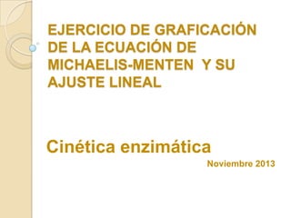 EJERCICIO DE GRAFICACIÓN
DE LA ECUACIÓN DE
MICHAELIS-MENTEN Y SU
AJUSTE LINEAL

Cinética enzimática
Noviembre 2013

 