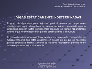Tema 5 - Deflexión en vigas
Sección 4 - Método de Tres Momentos
VIGAS ESTÁTICAMENTE INDETERMINADAS
El grado de determinación exterior es igual al número de componentes
reactivas que están disponibles en exceso del número requerido para la
estabilidad exterior. Estas componentes reactivas se llaman redundantes
debido a que no son necesarias para la estabilidad de la estructura.
El grado de indeterminación interior se da por el número de componentes de
fuerzas interiores que están presentes en exceso de las que se necesitan
para la estabilidad interna. También se les llama redundantes por que no se
requiere para una estructura estable.
______________________________________________________________________________
Universidad César Vallejo
Facultad de Ingeniería
Escuela de Ingeniería Civil
 