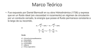 Marco Teórico
• Fue expuesto por Daniel Bernoulli en su obra Hidrodinámica (1738) y expresa
que en un fluido ideal (sin viscosidad ni rozamiento) en régimen de circulación
por un conducto cerrado, la energía que posee el fluido permanece constante a
lo largo de su recorrido.
 