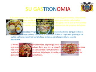 SU GASTRONOMIAEl Ecuador posee una riquísima, abundante y variada cultura gastronómica. Una comida auténtica y mestiza, cocida por igual en cazuelas de barro y en viejos y ahumados peroles castellanos. Una cocina, en fin, con tradición de siglos y en la que se han fundido -o, mejor, se han cocido- sustancias, condimentos y experiencias del propio y de lejanos continentes.Nuestros antepasados inmigrantes se plantaron aquí precisamente porque hallaron un medio generoso para su subsistencia: llanuras y florestas tropicales generosas de frutos, valles interandinos templados y benignos para la agricultura, cacería abundante.El medio equinoccial atrapó al hombre, se prodigó hasta hacerlo sedentario y le imprimió carácter y costumbres. Este, a su vez, se integró mansamente a la naturaleza y se contagió pronto con su sensualidad y exhuberancia. Su herencia arqueológica revela claramente esa sensualidad forjada por el medio, abundante de formas y de gozo vital, plagada de usos múltiples.