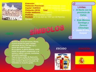 Extensión: 7701 km2
                     Población Provincial: 513.000 habitantes aprox.
                     Capital: CUENCA con 170.000 habitantes aprox.              Límites:
                     Población (2010)    Total        712.127 habitantes.    Al Norte con la
                     Prefijo telefónico   7 (+593-7)                           provincia de
                     Prefecto: Paúl Carrasco Carpio                               Cañar,
                     Fundada el 12 de Abril de 1557 por Gil Ramírez            Sur Loja,
                     Dávalos.
                                                                              Este Morona
                                                                                Santiago y
                                                                                  Zamora
                                                                                Chinchipe
                                                                             Oeste El Oro y
HIMNO                                                                            Guayas.


   Cuenca hermosa de fuente y flores,
   Cuenca ilustre de galas vestida:
   rebosante de luz y de vida lujo y
   honra del noble Ecuador.
   De su gloria, tu gloria dimana, noble                ESCUDO                   BANDERA
   madre de egregios campeones; y se
   santos y sabios varones, luminarias
   del patrio esplendor.
   Tuyo el bravo la Mar de Ayacucho,
   tuyo el niño en Pichincha inmolado;
   cuyo nombre, Bolívar pasmado, de
   Colombia en el pecho grabó.
 