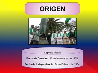 ORIGEN




                Capital: Macas

 Fecha de Creación: 10 de Noviembre de 1953.

Fecha de Independencia: 24 de Febrero de 1954.
 