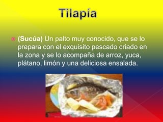    (Sucúa) Un palto muy conocido, que se lo
    prepara con el exquisito pescado criado en
    la zona y se lo acompaña de arroz, yuca,
    plátano, limón y una deliciosa ensalada.
 
