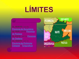 AL NORTE: con la
Provincia de Sucumbíos.
AL SUR: con la Provincia
de Pastaza.
AL ESTE: con la Provincia
de Orellana.
AL OESTE: con la
Provincia de Pichincha,
Cotopaxi y Tungurahua.
 