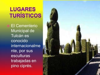    El Cementerio
    Municipal de
    Tulcán es
    conocido
    internacionalme
    nte, por sus
    esculturas
    trabajadas en
    pino ciprés.
 