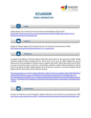 Código Orgánico de la Producción 29 de diciembre de 2010 Registro Oficial N°351
http://www.industrias.gob.ec/wp-content/uploads/downloads/2012/08/Codigo-Organico-de-la-
Produccion-Comercio-e-Inversiones.pdf
Código de Trabajo. Registro Oficial Suplemento No. 167 de fecha 16 de diciembre de 2005.
http://www.oas.org/juridico/spanish/mesicic2_ecu_anexo12.pdf
Ley Orgánica de Régimen Tributario, Registro Oficial No. 463 de fecha 17 de noviembre de 2004. Código
Tributario, Registro Oficinal Suplemento No. 38 de fecha 14 de junio de 2005. Reglamento para la
Aplicación de la Ley de Régimen Tributario Interno, Registro Oficinal No. 209 de fecha 8 de junio de 2010.
Ley para la promoción para la inversión y participación ciudadana, Registro Oficial Suplemento 144 de
fecha 18 de agosto de 2000. Código Orgánico de la Producción, comercio e Inversiones; Registro Oficial
Suplemente No. 361 de fecha 29 de diciembre de 2010.
http://www.google.com.co/url?sa=t&rct=j&q=&esrc=s&frm=1&source=web&cd=1&ved=0CCoQFjAA&url
=http%3A%2F%2Fwww.sri.gob.ec%2FBibliotecaPortlet%2Fdescargar%2F437b13af-69e0-420c-aecf-
6decc69e6b8e%2FLey%2BReformatoria%2Bpara%2Bla%2BEquidad%2BTributaria%2Bdel%2BEcuador.do
c&ei=k5_lUYHNC8SYrAG7xIG4BQ&usg=AFQjCNFDhtHXiX1Q2lHIVaYgXLKnlxPVww&sig2=QfEhdg5xii3fAz4
-j295BQ
Creación de empresas. Ley de Compañías, Registro Oficinal No. 312 de fecha 5 de noviembre de 1999.
http://www.cinde.org/attachments/087_Estableciendo%20un%20negocio%20en%20Costa%20Rica.pdf
ECUADOR
PERFIL NORMATIVO
 