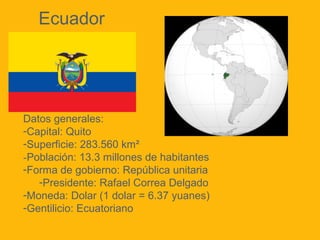 Ecuador

Datos generales:
-Capital: Quito
-Superficie: 283.560 km²
-Población: 13.3 millones de habitantes
-Forma de gobierno: República unitaria
-Presidente: Rafael Correa Delgado
-Moneda: Dolar (1 dolar = 6.37 yuanes)
-Gentilicio: Ecuatoriano

 