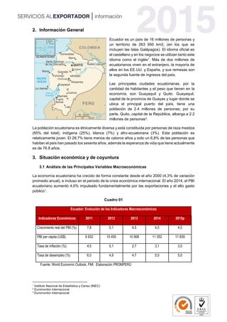 2. Información General
Ecuador es un país de 16 millones de personas y
un territorio de 263 950 km2, (en los que se
incluyen las Islas Galápagos). El idioma oficial es
el castellano y en los negocios se utilizan tanto este
idioma como el inglés1. Más de dos millones de
ecuatorianos viven en el extranjero, la mayoría de
ellos en los EE.UU. y España, y sus remesas son
la segunda fuente de ingresos del país.
Las principales ciudades ecuatorianas, por la
cantidad de habitantes y el peso que tienen en la
economía, son Guayaquil y Quito. Guayaquil,
capital de la provincia de Guayas y lugar donde se
ubica el principal puerto del país, tiene una
población de 2.4 millones de personas; por su
parte, Quito, capital de la República, alberga a 2.2
millones de personas2.
La población ecuatoriana es étnicamente diversa y está constituida por personas de raza mestiza
(65% del total), indígena (25%), blanca (7%) y afro-ecuatoriana (3%). Esta población es
relativamente joven. El 28,7% tiene menos de catorce años y solo un 6,8% de las personas que
habitan el país han pasado los sesenta años, además la esperanza de vida que tiene actualmente
es de 76.8 años.
3. Situación económica y de coyuntura
3.1 Análisis de las Principales Variables Macroeconómicas
La economía ecuatoriana ha crecido de forma constante desde el año 2000 (4,3% de variación
promedio anual), e incluso en el periodo de la crisis económica internacional. El año 2014, el PBI
ecuatoriano aumentó 4,0% impulsado fundamentalmente por las exportaciones y el alto gasto
público3.
Cuadro 01
Ecuador: Evolución de los Indicadores Macroeconómicos
Indicadores Económicos 2011 2012 2013 2014 2015p
Crecimiento real del PBI (%) 7,8 5,1 4,5 4,0 4,0
PBI per cápita (US$) 9 932 10 455 10 908 11 352 11 839
Tasa de inflación (%) 4,5 5,1 2,7 3,1 3,0
Tasa de desempleo (%) 6,0 4,9 4,7 5,0 5,0
Fuente: World Economic Outlook, FMI. Elaboración PROMPERÚ
1
Instituto Nacional de Estadística y Censo (INEC)
2
Euromonitor Internacional
3
Euromonitor Internacional
 