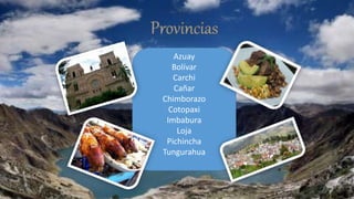 Azuay
Bolívar
Carchi
Cañar
Chimborazo
Cotopaxi
Imbabura
Loja
Pichincha
Tungurahua
 