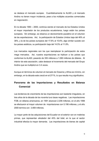 se destaca el mercado europeo. Cuantitativamente la ALADI y el mercado
Andino no tienen mayor incidencia, pese a los múltiples acuerdos comerciales
en negociación.
En la década 1990 – 2000, continúa siendo el mercado de los Estados Unidos
el mayor importador de los productos ecuatorianos, luego están los países
europeos. Sin embargo, se observa un decrecimiento paulatino en el volumen
de las exportaciones. Así, la participación de Estados Unidos baja del 46% al
38%, y la de los países europeos del 17.6% al 15.6%; algo similar sucede con
los países asiáticos, su participación baja del 14.5% al 11.8%.
Los mercados regionales son los que reemplazan la participación de estos
mega mercados. Así, nuestra exportaciones se triplican a los países que
conforman la ALADI, pasando de 355 millones a 1.080 millones de dólares. Al
interior de esta asociación, cabe destacar el incremento del mercado del Grupo
Andino que se multiplicó en 3.4 veces.
Aunque en términos de volumen el mercado de Oceanía y Africa es mínimo, sin
embargo, en la década este creció en el 271%, lo que resulta muy significativo.
Panorama de las Importaciones y Resultados en Balanza
Comercial
Las tendencia de crecimiento de las importaciones son bastante irregulares, en
tres años de la década de los noventa tuvo tasas negativas. Las importaciones
FOB, en dólares americanos, en 1991 alcanzan 2.208 millones, en el año 1998
se efectuaron el mayor volumen de importaciones con 5.198 millones, y el año
2000 termina con 3.469 millones.
La mayor parte de las adquisiciones del Ecuador en el exterior son en materias
primas, que representan alrededor del 45% del total, en la que el sector
industrial efectúa la mayor demanda. Las importaciones de bienes de capital
9
 