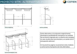 PROYECTO WTM: ALTERNATIVA ESCRITORIOS  VISTA LATERAL VISTA FRONTAL VISTA EN PERSPECTIVA Como alternativa a la propuesta original hemos planteado la posibilidad de reemplazar los modulos de escritorios originales por un disenio mas complejo en caso resulte este mas atractivo y se cuente con el presupuesto adicional. En las proximas paginas se presentan estos modulos y como luciria el proyecto con esta alternativa. 