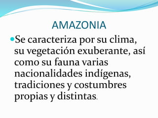 AMAZONIA
Se caracteriza por su clima,
su vegetación exuberante, así
como su fauna varias
nacionalidades indígenas,
tradiciones y costumbres
propias y distintas.
 