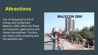 Attractions
City of Guayaquil is full of
energy and excitement.
Malecon 2000 offers the finest
art museums, gastronomy and
vibrant atmosphere. Tourists
can enjoy some shopping and
the beautiful site.
12
MALECON 2000
 
