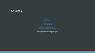 Sources
TvTropes
Wikipedia
World Factbook (CIA)
Pictures from Bing Images
 