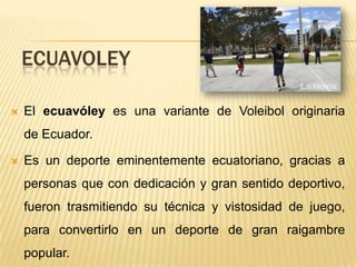 ECUAVOLEY


El ecuavóley es una variante de Voleibol originaria
de Ecuador.



Es un deporte eminentemente ecuatoriano, gracias a
personas que con dedicación y gran sentido deportivo,
fueron trasmitiendo su técnica y vistosidad de juego,
para convertirlo en un deporte de gran raigambre
popular.

 
