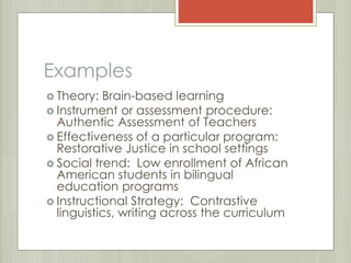 Examples 
 Theory: Brain-based learning 
 Instrument or assessment procedure: 
Authentic Assessment of Teachers 
 Effectiveness of a particular program: 
Restorative Justice in school settings 
 Social trend: Low enrollment of African 
American students in bilingual 
education programs 
 Instructional Strategy: Contrastive 
linguistics, writing across the curriculum 
 