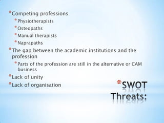 SWOTThreats:Competing professionsPhysiotherapistsOsteopathsManual therapistsNaprapathsThe gap between the academic institutions and the professionParts of the profession are still in the alternative or CAM businessLack of unityLack of organisation